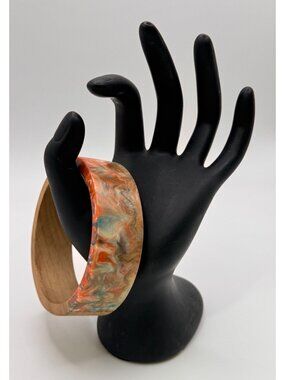 Chunky Marbled Lucite Wood Bangle Bracelet Orange Green Swirl Vintage Boho